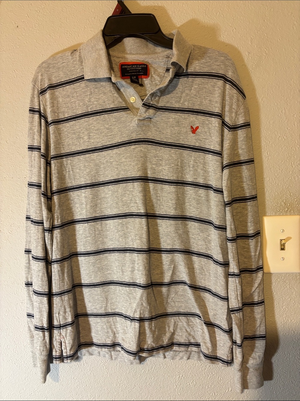 American Eagle Outfitters Men’s Gray and Navy Striped Long-Sleeve Polo